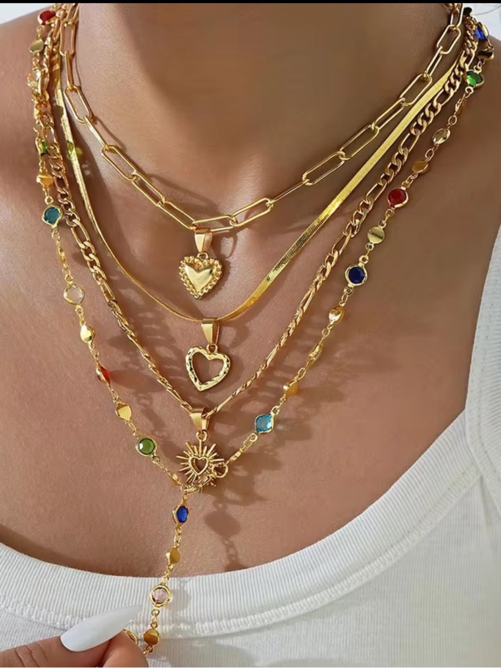 Gold Layered Heart & Sun Necklace with Multicolor Stones